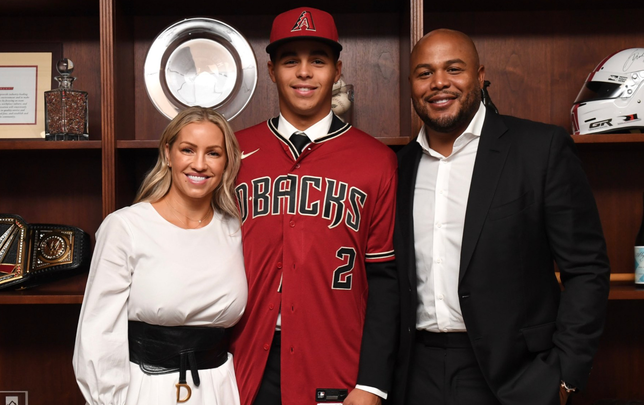 Arizona Diamondbacks first round MLB draft pick Druw Jones throws out the  first pitch prior to a baseball game against the Washington Nationals  Saturday, July 23, 2022, in Phoenix. (AP Photo/Ross D.